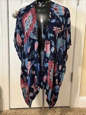LOFT Navy Floral Draped Kimono Cardigan